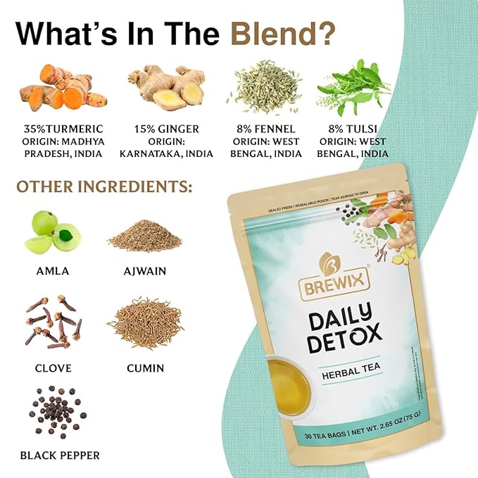 BREWIX, Ayurvedic Detox Herbal Tea Bags (30 Pyramid Tea Bags) Caffeine-Free Herbal Tea | Cleansing Formula with Traditional Ayurvedic Herbs | Supports Digestion, Balance & Daily Vitality - Bloomnest