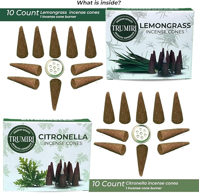 TRUMIRI Incense Cones - Combo Pack of 20 Cone Incense - 10 Citronella + 10 Lemongrass - Insence Cones - Incense Cones Scented - Cone Incense Scents - Insense Cones - Incent Cone TRUMIRI