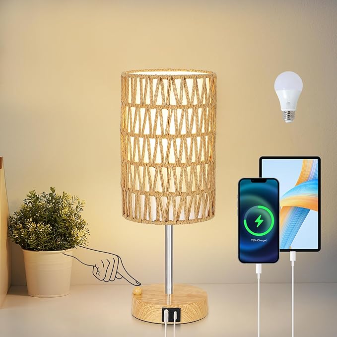 Boho Table Lamp for Bedroom with Bulb, Small Touch Control Table Lamp for Living Room with Rattan & Linen Shade, 3 Way Dimmable Bedside Lamp for Nightstand with USB Charging Port & Phone Stand - Bloomnest