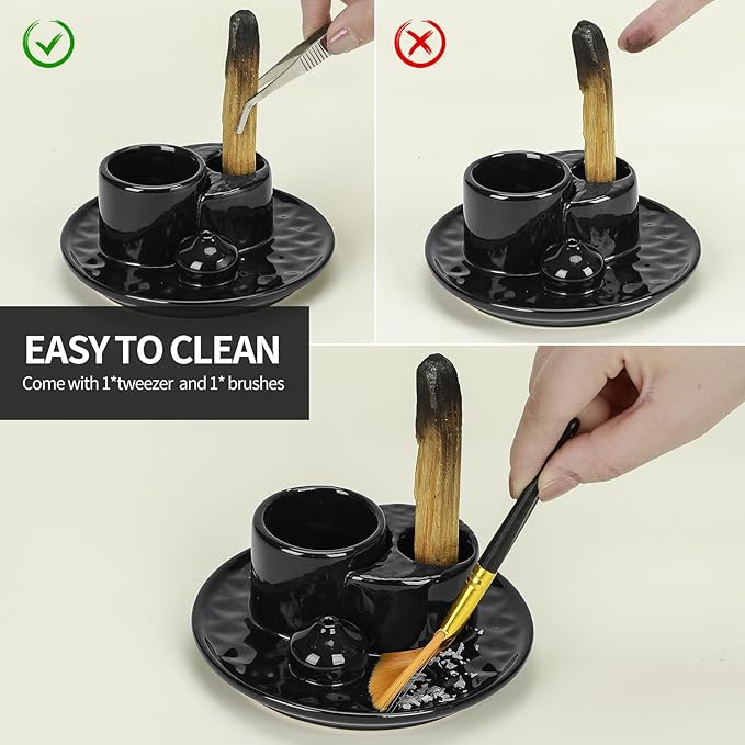 Palo Santo Sticks Holder, Multi-Purpose Handmade Ceramic Incense Burner for Palo Santo Incense Sticks, Sage Holder for Burning, Ash Catcher Tray for Meditation Yoga Room (Black) ToolSentryX