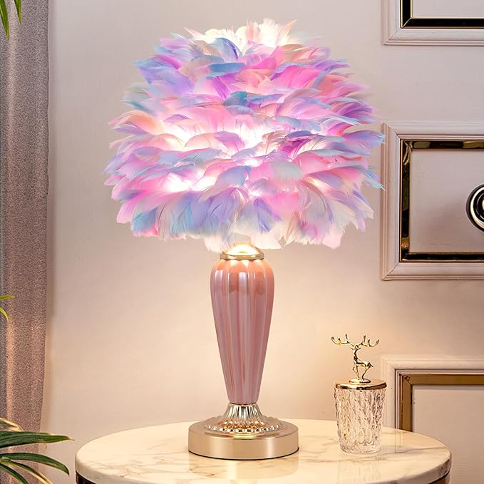 Colorful Feather Lamp Fluffy Table Lamp Furry Bedside Lamp Romantic Princess Lights Goose Feather Night Light for Bedroom Wedding Decor Valentines Dating Livingroom Hotel Office - Bloomnest