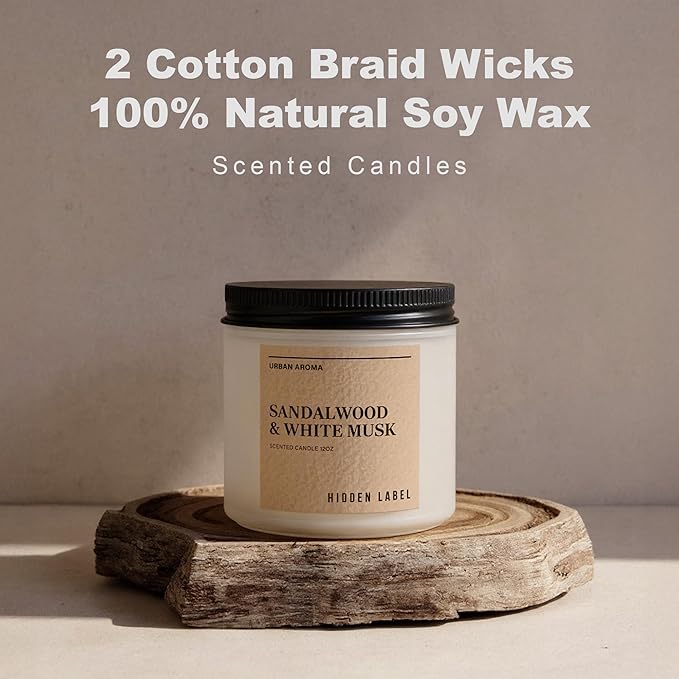 Hidden Label Sandalwood & White Musk Scented Candle - 12oz Natural Soy Non Toxic 70H Burn Time 2 Wick Aromatherapy Candle for Home Decor,Stress Relief & Relaxation - Bloomnest