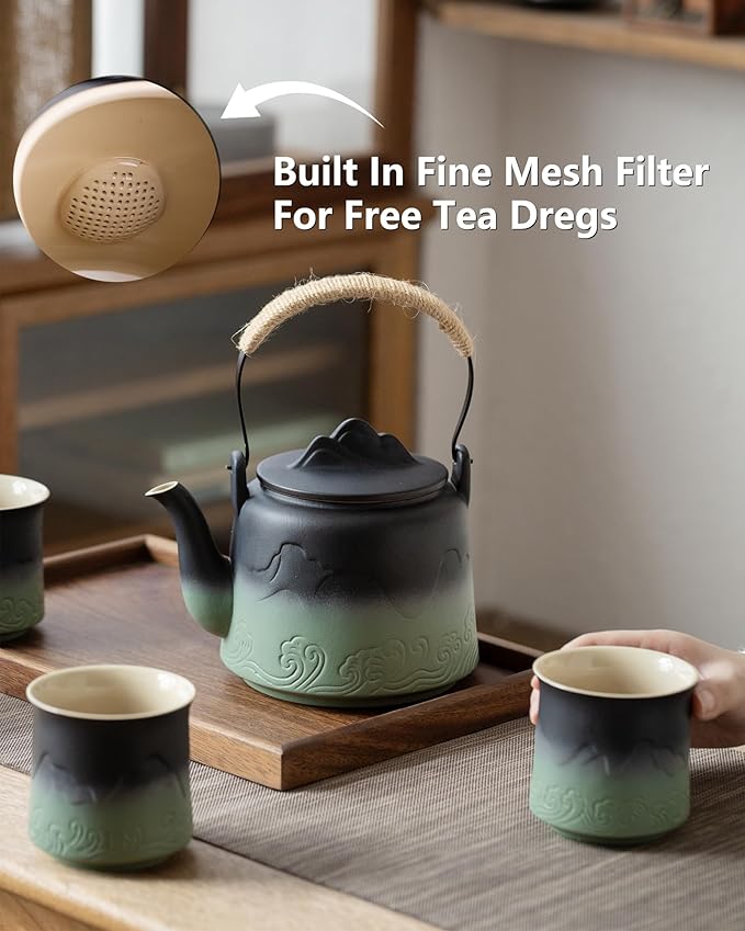 ZENS Vintage Japanese Tea Set with 4 Tea Cups, 33.8 oz Embossed Ceramic Loose Leaf Teapot with Built-in Strainers for Tea Steeper, Hemp Rope Handle Gradient Japanese Tea Pot for Tea Lovers Gifts - Bloomnest