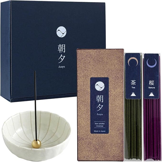 Asayu Japan Low Smoke Incense Gift Set with Incense Holder and Brass Stand, Premium Japan Set (Sakura & Green Tea) Incense Sticks with White Lotus Incense Holder - Bloomnest