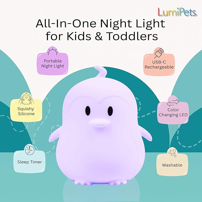 Lumipets Remote Control Silicone Night Light for Kids - Penguin Design with 9 Soft Colors & Sleep Timer - Rechargeable, Battery-Operated Lamp for Bedroom | Baby Nursery, Toddler, Girls, Boys - Bloomnest