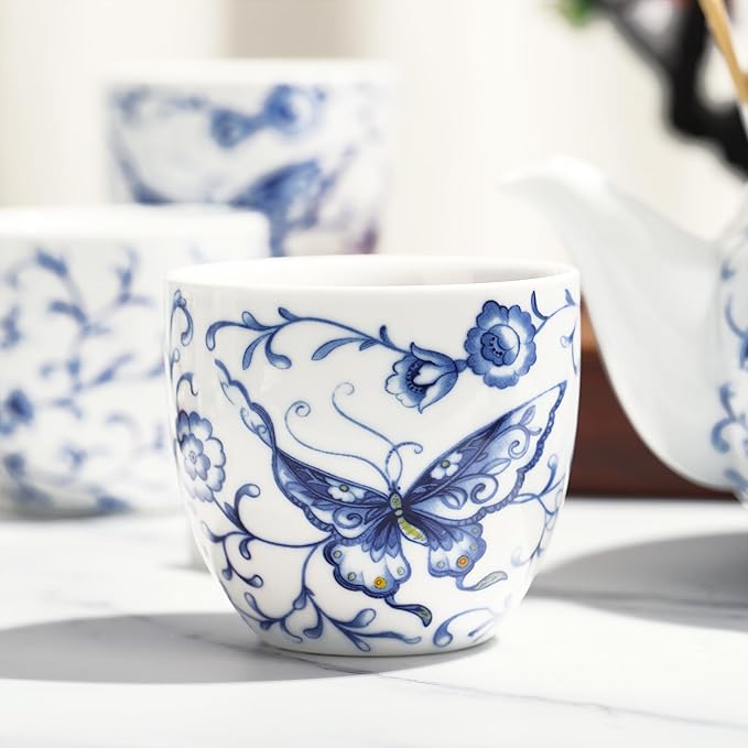 fanquare Chinese Blue and White Porcelain Tea Set with 1 Teapot Set, 6 Tea Cups, Butterfly Pattern Asian Japanese Tea Sets for Adults - Bloomnest