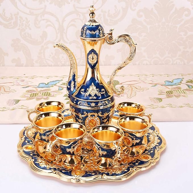Alvinlite Small Vintage Turkish Coffee Pot Set, Turkish Tea Set with 6 Coffee Cups, Golden Wine Decanter and Glasses Set, Turkish Copper Coffee Cup Set for Home Tea Party 40ml/Cup(Blue) - Bloomnest