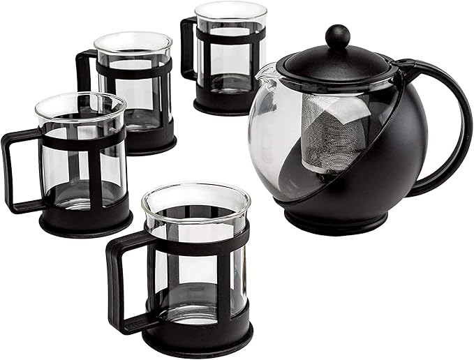Primula Half Moon Teapot Set with 4 Tea Cups, Removable Stainless Steel Filter and Infuser, Glass Tea Maker, Filter, Dishwasher Safe, 40-Ounce, Tea Gift Set, Tea Set for Service of 4 Adults - Bloomnest