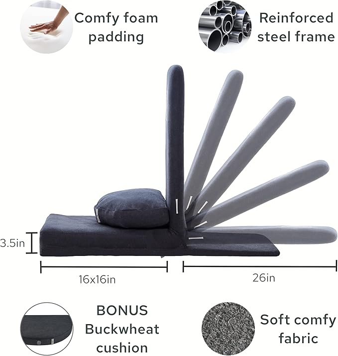 Mindful Modern Folding Pro Meditation Chair - Adjustable Meditation Seat with Back Support and Half Moon Buckwheat Meditation Cushion - Comfortable Mindfulness Living Room Floor Chair - Bloomnest