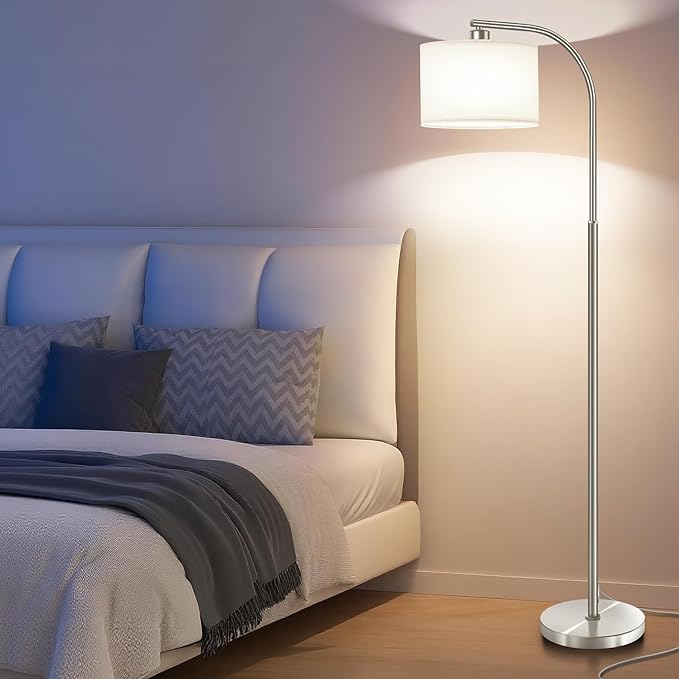 Floor Lamp for Living Room,65'' Modern Standing Lamps with 9W LED Bulb,Silver Tall Floor Light with Fabric Shade,3 Color Temperatures Tall Lamp for Bedroom Office Study Room Corner Dining Room - Bloomnest