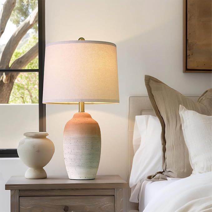 24.5" Vintage Ceramic Table Lamp - Single Farmhouse Rustic Bedside Lamp with Natural Textured Finish, Nightstand Lamps for Living Room, Bedroom, End Table, Office White and Brown - Bloomnest