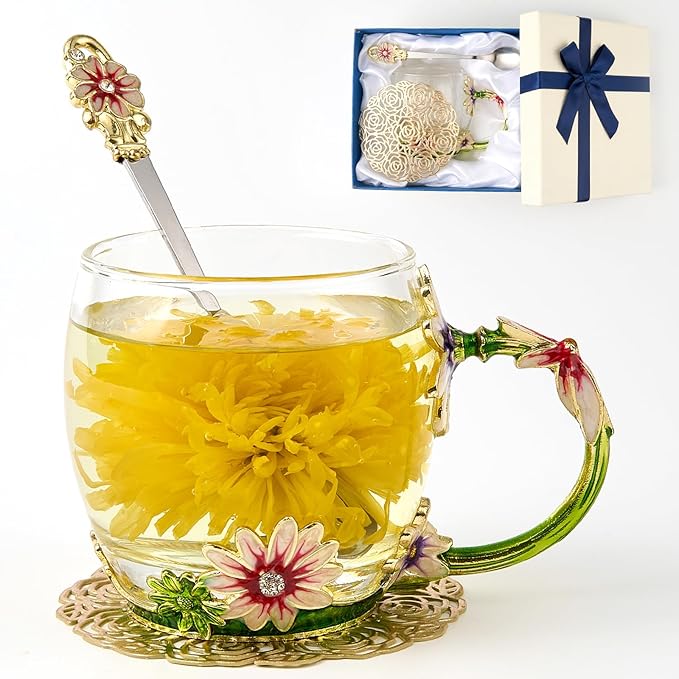 Flower Tea Cup ,Daisy Flower Clear Glass Fancy Coffee Cup with Spoon,Gift Box for Her Mom Wife Grandma Girls Friends Valentines Christmas Birthday Present Idea for Juice,Hot And Cold Drinks Use - Bloomnest