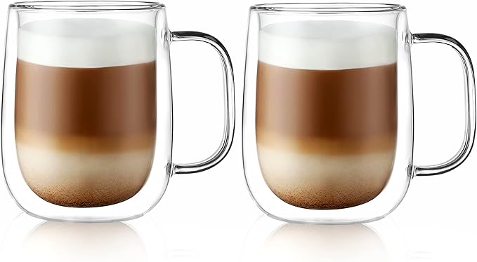 CNGLASS Large Double Wall Glass Coffee Mug 15.2oz,Clear Insulated Glass Espresso Cup with Big Handle,set of 2 - Bloomnest