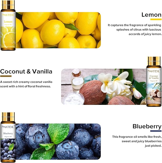 PHATOIL 9PCS Fruit Fragrance Oil Set for Soap Making Diffusers, 10ml/0.33fl.oz Cucumber Melon, Coconut & Vanilla, Peach, Pear, Green Apple, Blueberry, Apple, Fig, Lemon Fragrance Oil Essential Oils - Bloomnest