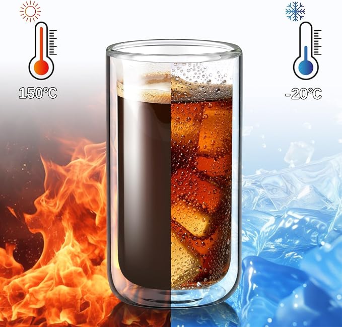 Joeyan Glass Double Walled Beer Drinking Glasses, Insulated Thermo Glass Tumbler Without Hole, Thickened Water Cocktail Highball Glass Cups, Smoothie Tea Coffee Glassware, 12oz, 2Pack, Dishwasher Safe - Bloomnest