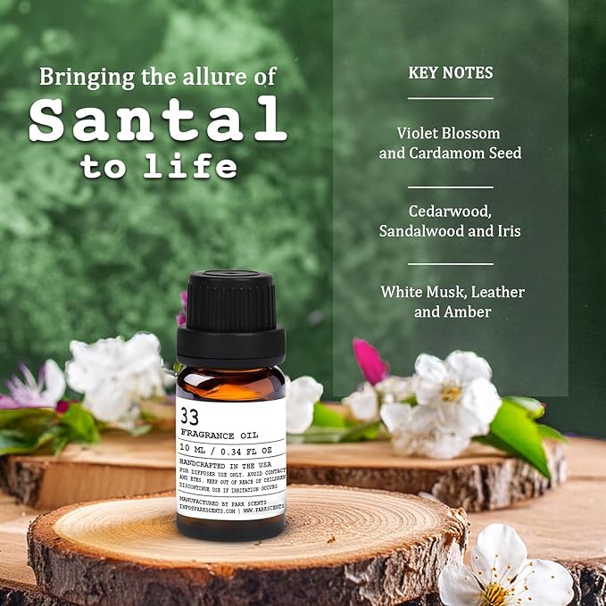 Santal Essential Oil for Diffuser - Inspired by Santal 33 Scent, Diffuser Oil with Euro Dropper - Aromatic Luxurious Fragrance, Handcrafted in The USA - Glass Bottle, 10 ml. Park+Scents