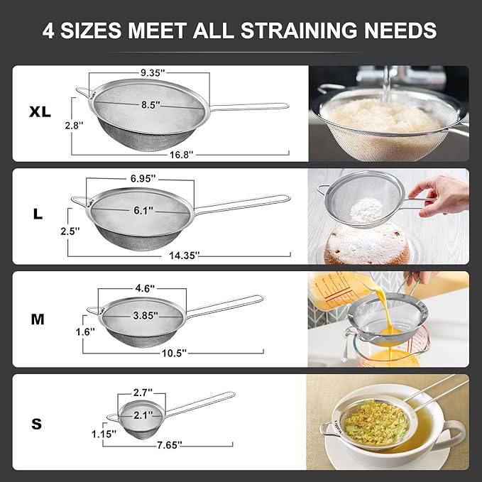 Walfos Extra Fine Mesh Strainer Set of 4-9.35", 6.95", 4.6", 2.7", Stainless Steel 30 Mesh Sieve with Sturdy Handle, Kitchen Food Strainers Sifters for Quinoa, Pasta, Fruits, Vegetables, Rice, Tea - Bloomnest