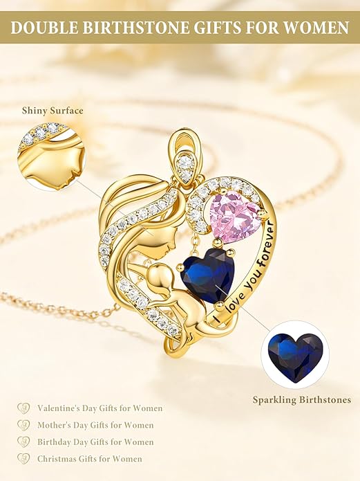 14K Gold Double Birthstone Heart Necklace for Women Mom, Mother Son/Daughter Pendant Necklace for Christmas Mother's Day Birthday Gifts for Wife Daughter Grandmom - Bloomnest