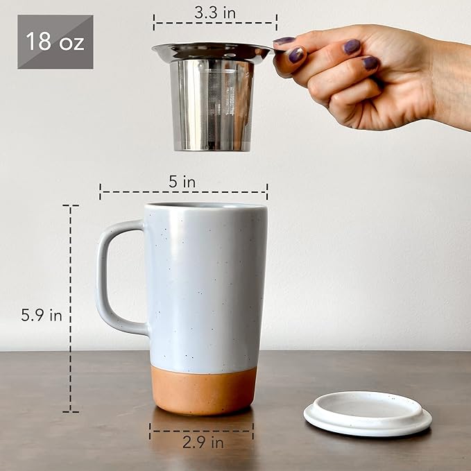 Mora Ceramics Large Tea Mug with Loose Leaf Infuser and Ceramic Lid, 18 oz, Portable, Microwave and Dishwasher Safe, Tall Coffee Cup - Rustic Matte Ceramic Glaze, Modern Herbal Tea Strainer, Sleet - Bloomnest