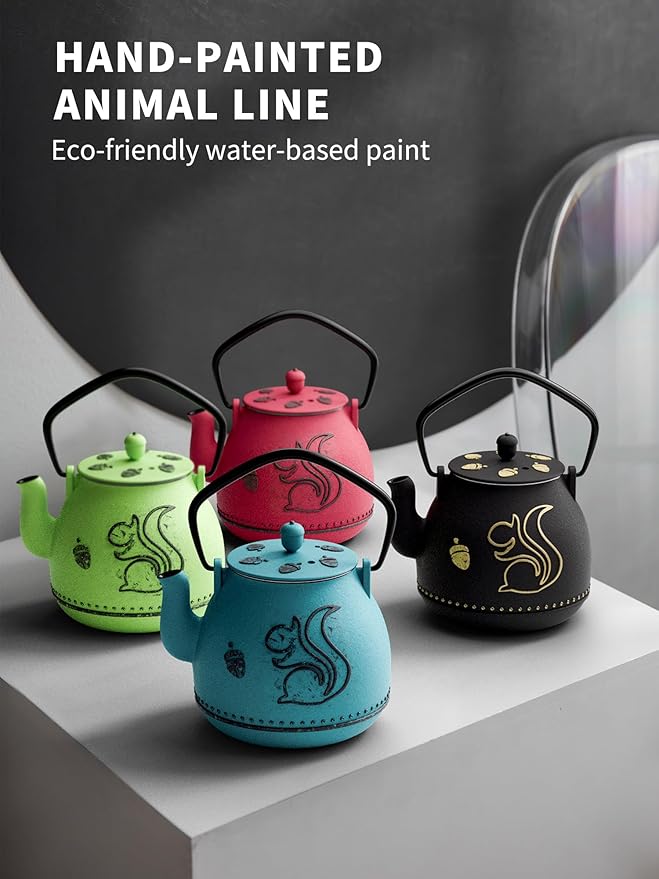 Toptier Teapot with Removable Infuser, Cast Iron Tea Kettle Stovetop Safe, Squirrel Design Tea Pot Coated with Enameled Interior for 32 Ounce (950 ml), Blue - Bloomnest