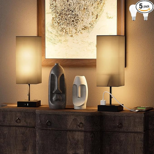 Table Lamp for Bedroom with USB,Bedside Lamp with USB C+A Charging Ports,Adjustable 3color LED Light for Home Decor/Nightstand/Office,Included Bulb and Fabric Lamp Shade (Linen Black, 2PCS) - Bloomnest