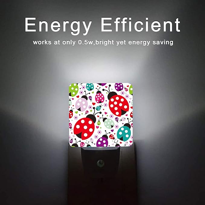Ladybug Night Light,Cartoon Cute Ladybugs Plug in Night Lights Auto LED Lamp Energy Saving Square Lights for Boys Girls Men Women Gifts