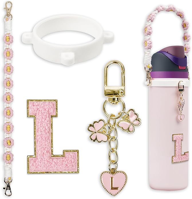 Compatible with Owala Water Bottle Accessories, Cute Letter Charm Set with Boho Handle Strap, Monogram Sticker, Silicone Ring, Keychain Decoration, for FreeSip 24 32 40oz, Owala Kids, Tumbler Gift SITKOL