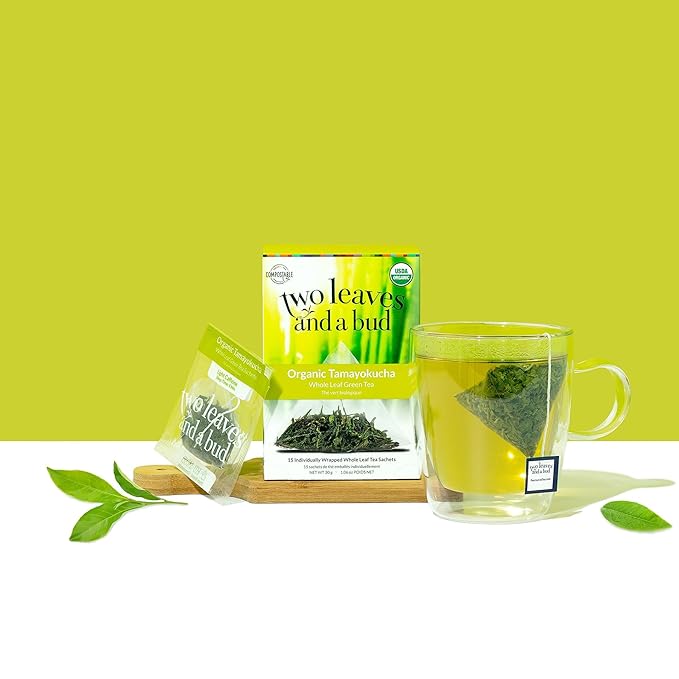 Two Leaves and a Bud Organic Tamayokucha Tea Bags, Whole Leaf Tea in Compostable Sachets, Japanese Green Tea, Light Flavor, 15 Count (Pack of 6) - Bloomnest