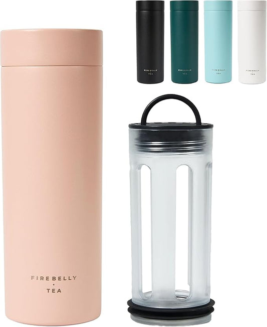 Firebelly Tea, Travel Tea Infuser Mug with Strainer, Insulated Tumbler for Loose Leaf Tea or Coffee, Leakproof Bottle for Hot or Iced Drinks, Stainless Steel Thermos with Lid, Salmon
