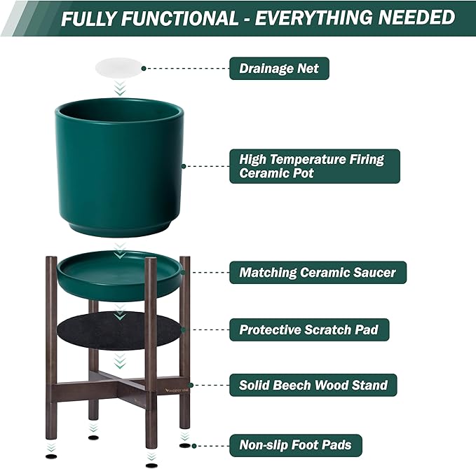 D'vine Dev Ceramic Planter with Walnut Color Stand - 10 Inch Modern Round Flower Pot with Wood Planter Holder, Teal, 55-B-X-4 - Bloomnest