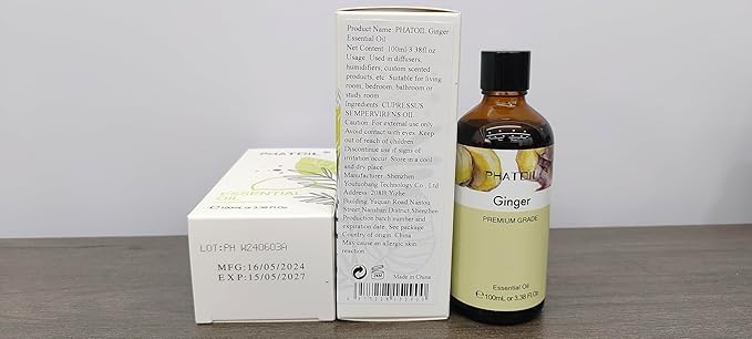 Ginger 3.38fl.oz Essential Oil, PHATOIL Pure Aromatherapy Oils for Diffuser, Humidifier, Perfect for DIY Soap, Candle, Bath Bombs Making(100ml) PHATOIL