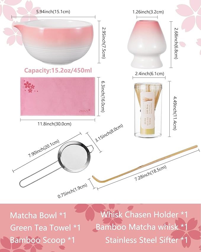 ZENS Pink Matcha Set, 6pcs Matcha Kit Includes Ceramic Bowl, Handcrafted Bamboo Whisk and Chasen Holder, Scoop, 304 Sifter & Tea Mat, Matcha Whisk Set Gift for Matcha Lovers - Bloomnest