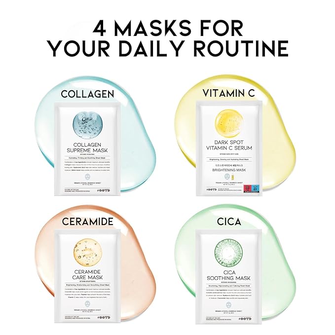 #OOTD Face Mask Korean Skincare for Dry Sensitive Skin | Hydrating, Revitalizing, Calming, Collagen, Ceramide, Cica, Vitamin C Serum Sheet Masks (12EA) - Bloomnest
