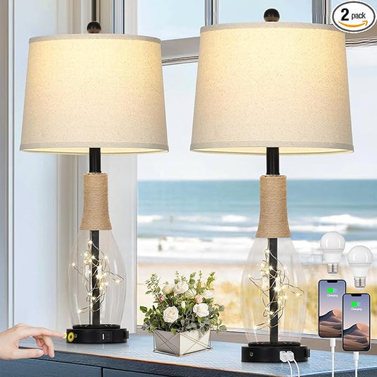 28" Tall Coastal Table Lamps Set of 2, Glass Black Modern Table Lamps with 3-Way Dimmable Touch Control Fairy Lights & Type-C Charging, Beach Nautical Bedside Lamps for Living Room Bedrooms End Table - Bloomnest