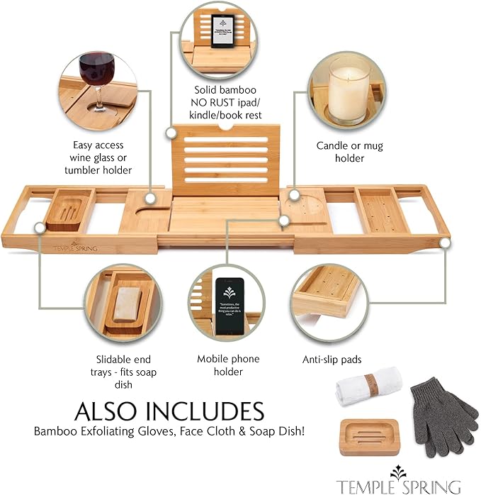 Temple Spring Wooden Bathtub Tray, Bamboo Bathroom Accessories, Bath Tray for Tub, at Home Spa Essentials, Board for Tub Table, Bath Caddy for Bathtub Accessories & Bathroom Essentials – Natural - Bloomnest