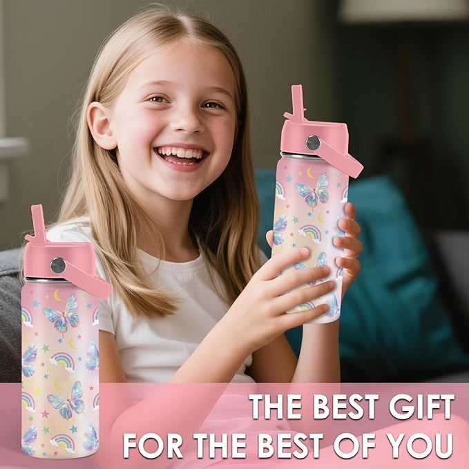 Butterfly Gifts - 16oz Pink Kids Water Bottle with Straw Lid, Stainless Steel Insulated Tumbler, Leakproof, BPA-Free, for Girls, School, Travel - Butterfly Rainbow Themed Birthday Gift Cup (1pc) - Bloomnest