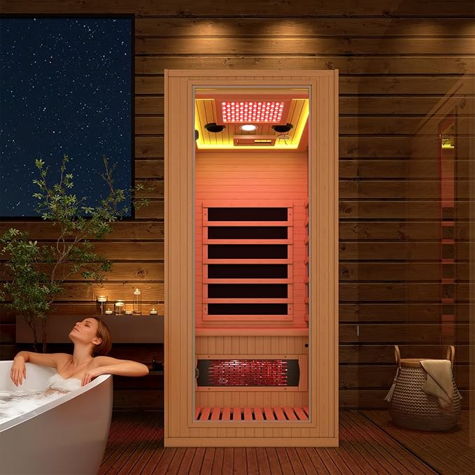 1 Person Infrared Sauna with Red Light Therapy, Full Spectrum Sauna for Home, Indoor Dry Saunas with Rapid Heating 4 Carbon Panels and 1 Carbon Tube, Oxygen Bar and 7 Color Therapy Lights, 110V BNEHSDirect