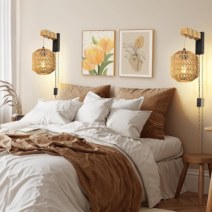 Rattan Plug in Wall Sconces Set of Two, Hand Woven Boho Wall Lamp Plug in Cord Wall Sconces for Bedroom Living Room Farmhouse - Bloomnest