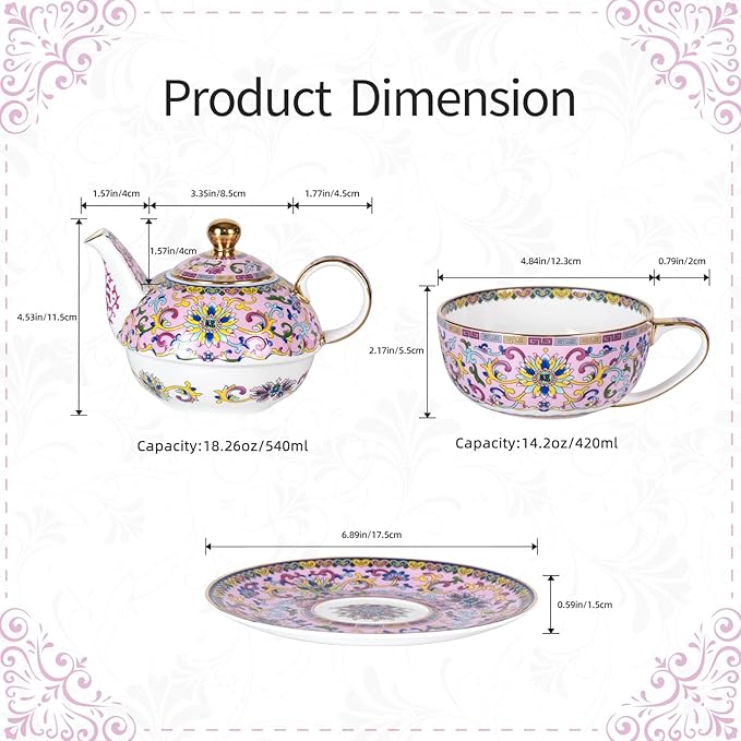 Tea for One, Porcelain Teapot and Cup Set, Vintage Tea Pot and Saucers Set, Ceramic Tea Set for Tea Party, Office and Home, Pink Tea Cups and Saucer Set for Coffee, Cappuccino, Tea - Bloomnest