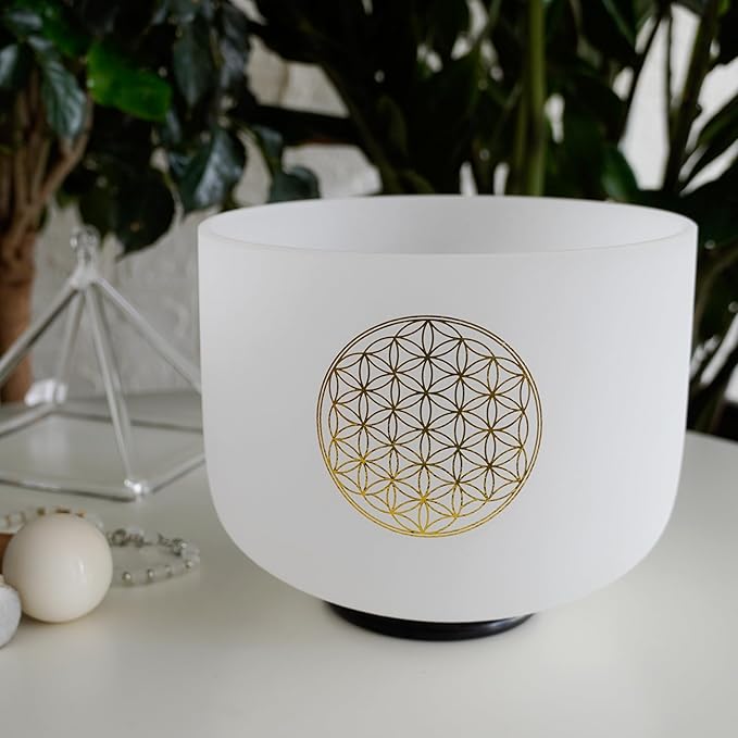 Hye-eun 528HZ 8 Inch C Note Flower of Life Crystal Singing Bowl Sound Healing Meditation Crystal Bowl Sound Bath Bowl Sound Bath Singing Bowl (Gold without bag)