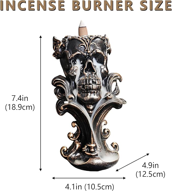 Comeon Backflow Incense Holder Burner Resin Skull Incense Burner Waterfall Incense Burner Home Decor + 20 Backflow Incense Cones + 30 Incense Sticks +1 Tweezer +1 Mat（Metallic Gold） - Bloomnest