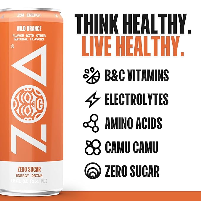 ZOA Zero Sugar Energy Drinks, Wild Orange - Sugar Free with Electrolytes, Healthy Vitamin C, Amino Acids, Essential B-Vitamins, and Caffeine from Green Tea - 12 Fl Oz (12-Pack) - Bloomnest