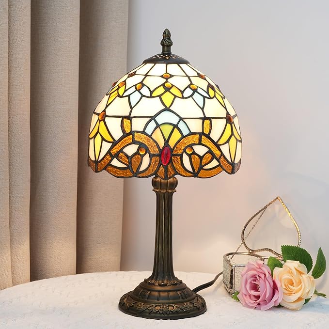 Tiffany Table 8 Inch Small Stained Glass Table Lamp Retro Baroque Reading Light, Suitable For Bedrooms Living Rooms Offices Study Rooms Tiffany Style Retro Home Decoration Crafts (Yellow, Brown) - Bloomnest