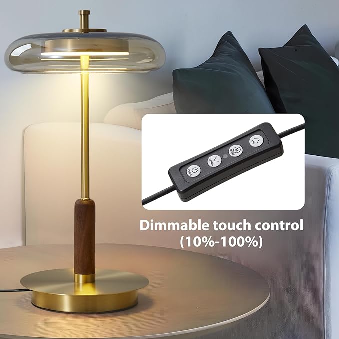 Small Table Lamp for Bedroom-Brass Base Mushroom Table Lamps,Amber Glass Shade,LED Three Color Temperature Adjustable Brightness Modern LED Side Table and Desk Lighting(H 15.4 in) - Bloomnest