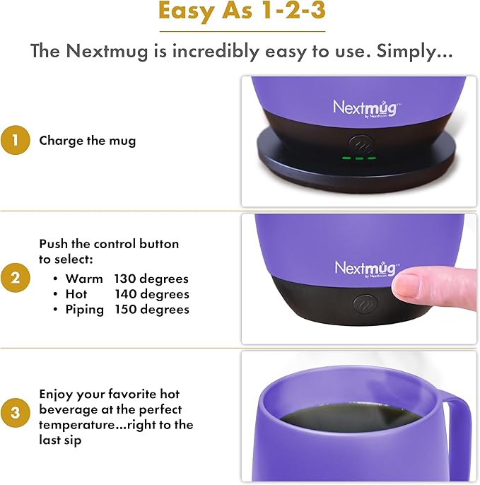 Nextmug - Temperature-Controlled, Self-Heating Coffee Mug (Violet - 14 oz.) - Bloomnest