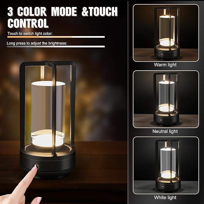 Portable Metal Table Lamp,Cordless Table Lamp, Rechargeable Battery Operated Lights, LED Table Lamps, 3 Color Stepless Dimming Touch, for Bedroom Restaurant Home Outdoor (Black) - Bloomnest