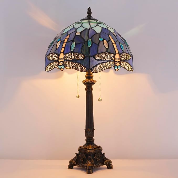 Tiffany Lamp Blue Dragonfly Style Stained Glass Table Lamp Desk Reading Light 12X12X21 Inches with Resin Base Decor Bedroom Living Room - Bloomnest