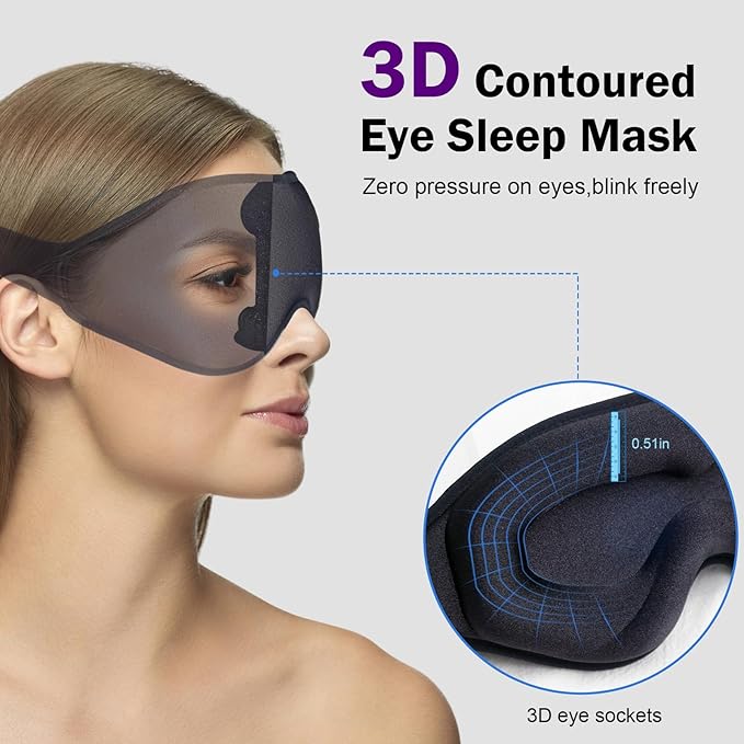 3D Sleep Mask with Earplugs, 100% Light Blackout Eye Mask for Sleep, Washable Sleeping Mask, 0 Pressure Eye Covers for Sleep with Wider Adjustable Strap, Only 1.3oz Light Soft Sleeping Mask (Black) - Bloomnest