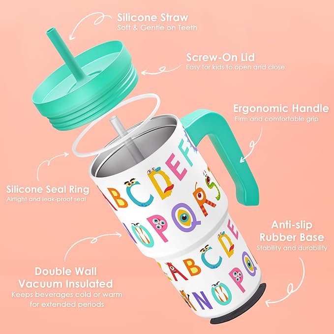Alphabet Tumbler 20oz with Handle and Silicone Straw Lid for Kid, Insulated Stainless Steel Cup with Monster Design, Gift for Kids Girls Boys, Gifts Idea for Birthday Christmas Back to School - Bloomnest