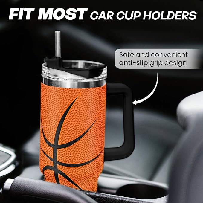 SANDJEST Basketball Tumbler with Handle 40oz Lid & Straw, Insulated Coffee Cup Gifts for Men Boys Players, Christmas Birthday - Bloomnest